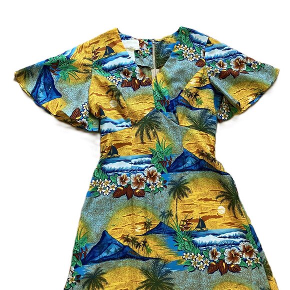 Royal Hawaiian Maxi Dress Empire Waist Hawaii Sunset Print Vintage 70s - Picture 5 of 7